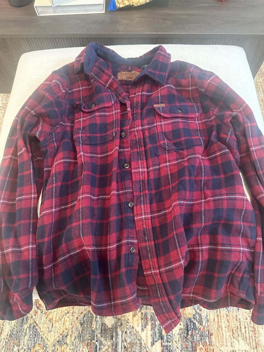 Orvis Classic Collection Red and Navy Plaid Flannel Button Down Shirt Jacket